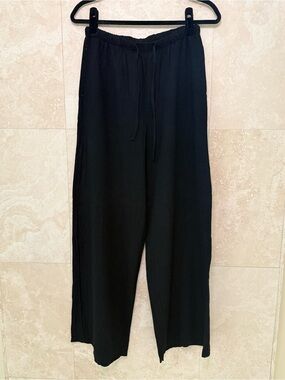 Black Linen Blend Wide Leg Lounge Pants Minimalist Relaxed Fit NWOT